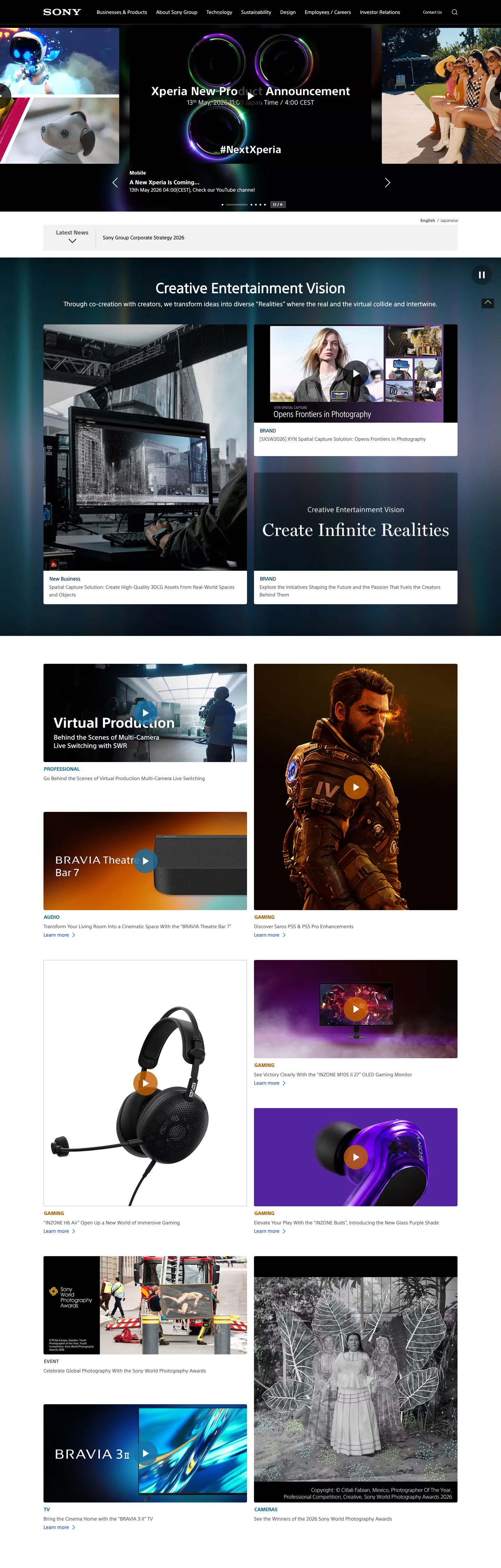 Screenshot of Sony's website at sony.com