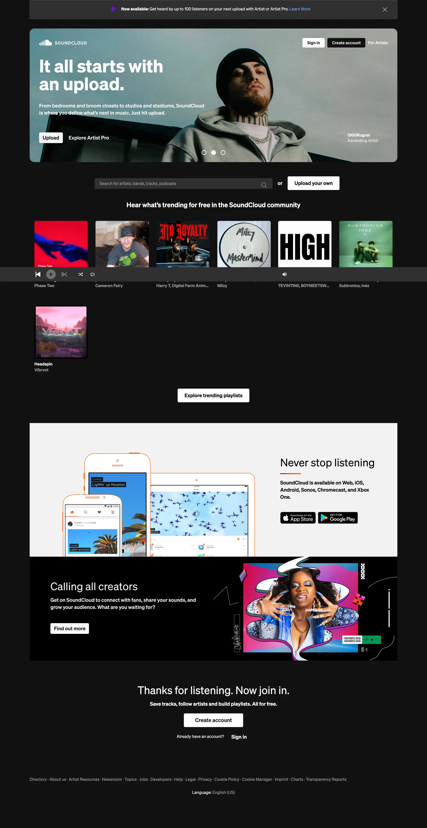 Screenshot of SoundCloud's website at soundcloud.com