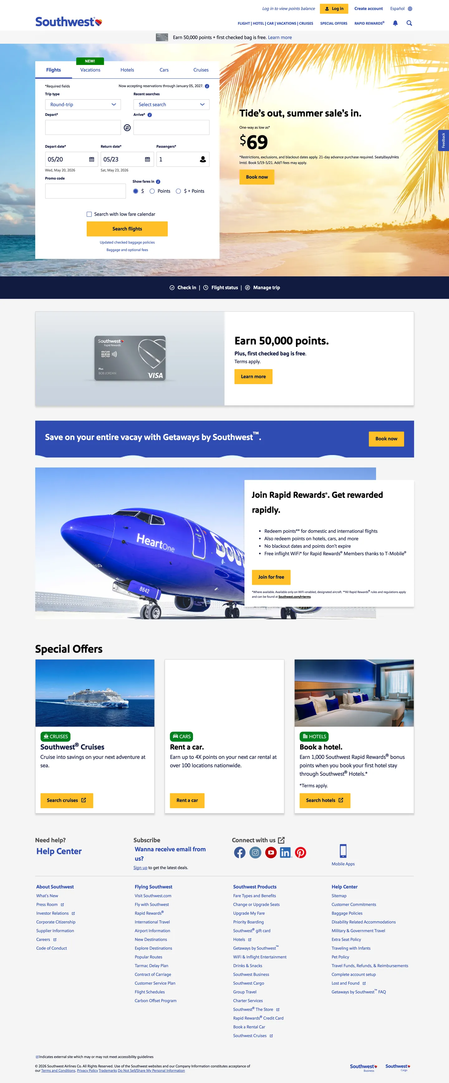 Screenshot of Southwest Airlines's website at southwest.com