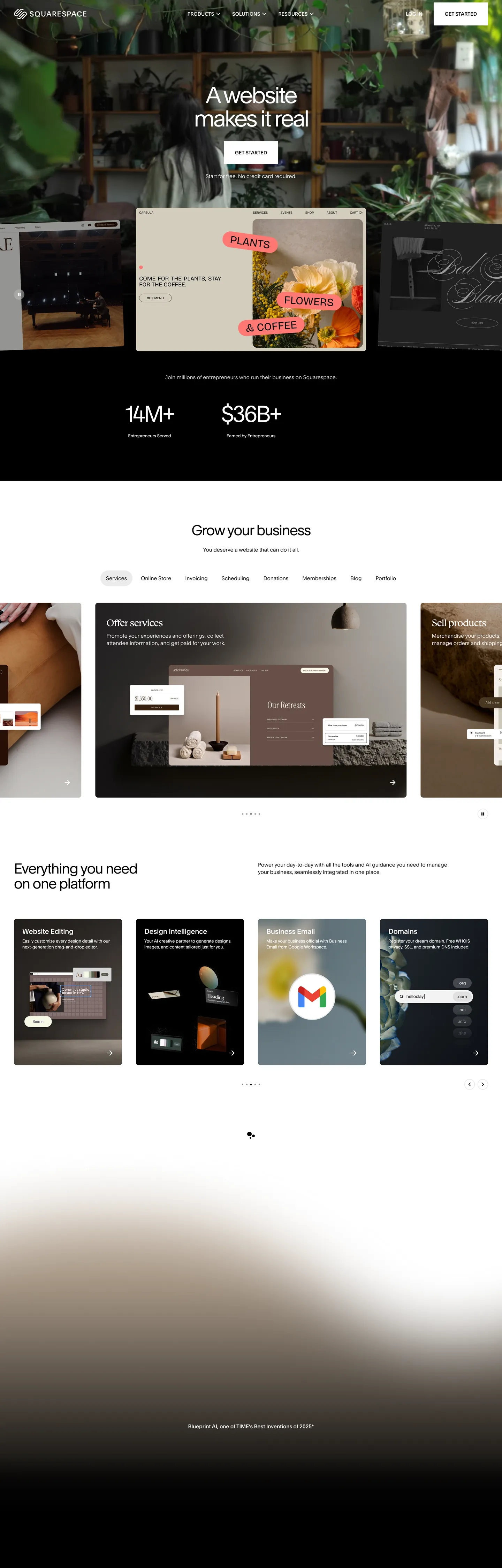 Screenshot of Squarespace's website at squarespace.com