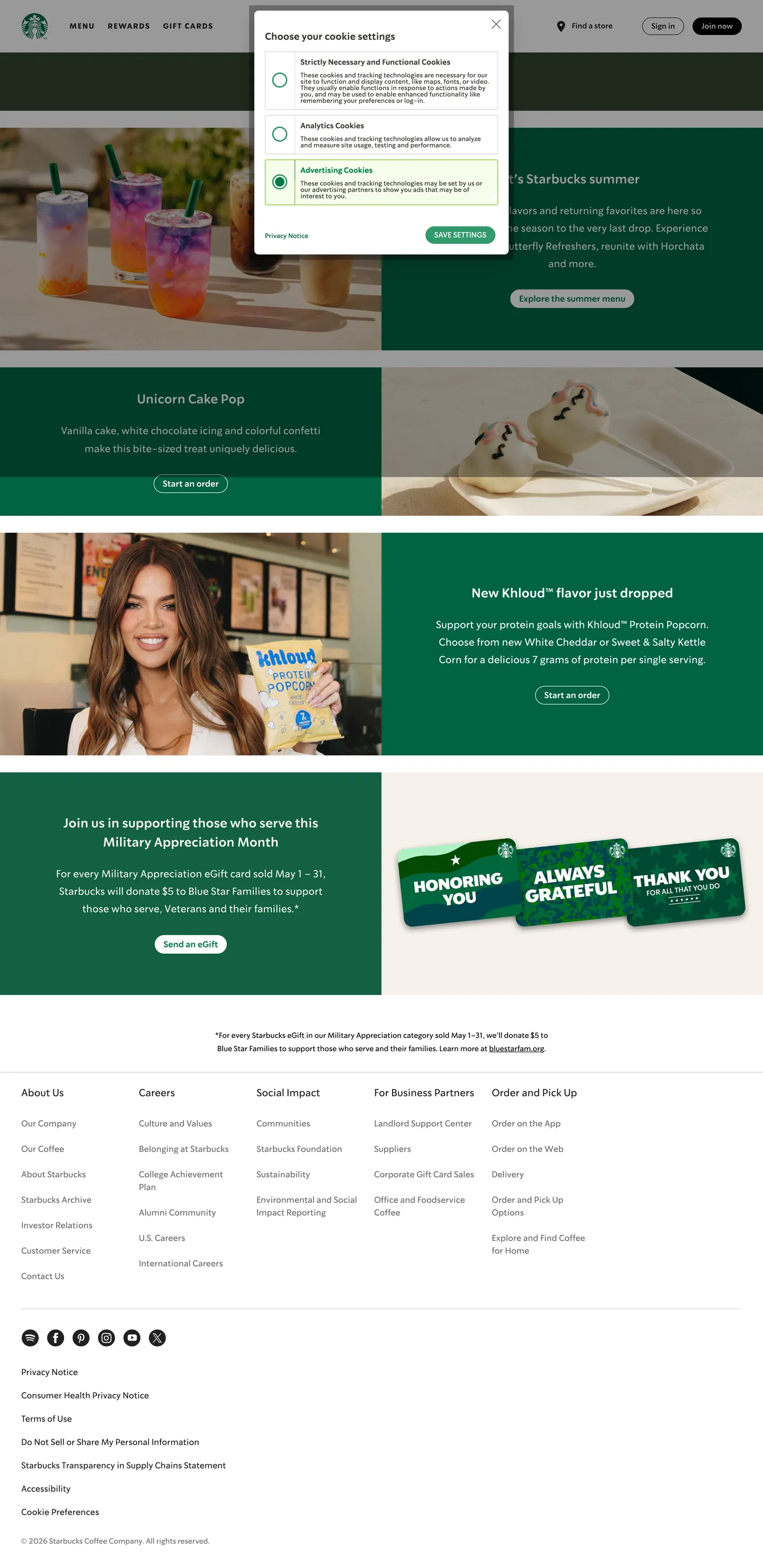 Screenshot of Starbucks's website at starbucks.com