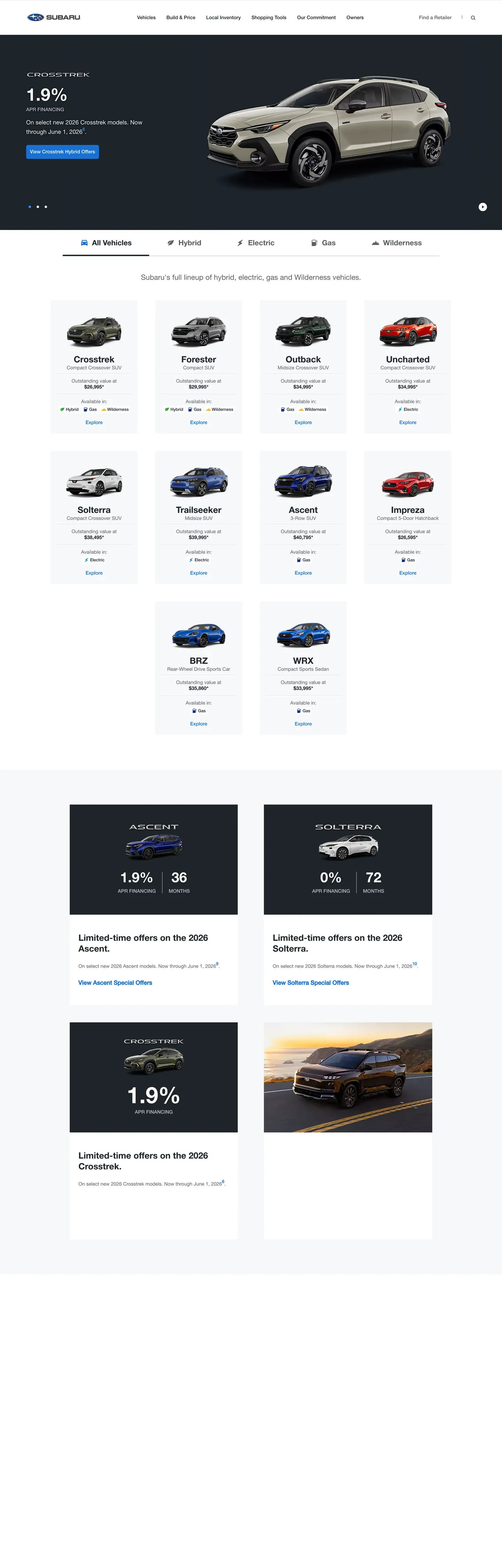 Screenshot of Subaru's website at subaru.com