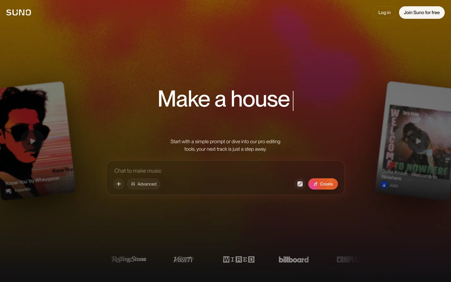Screenshot of Suno's website at suno.com