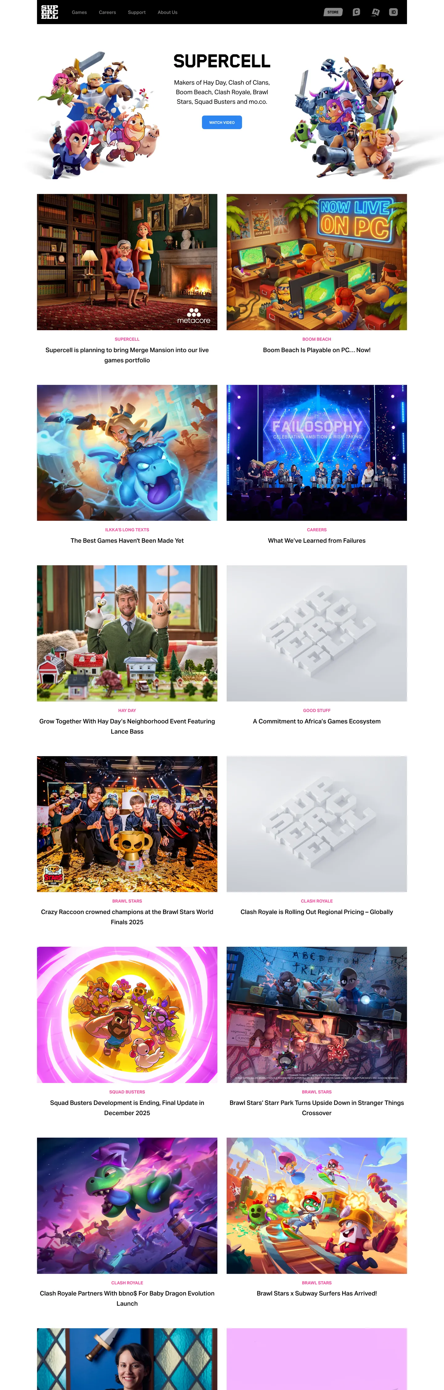 Screenshot of Supercell's website at supercell.com
