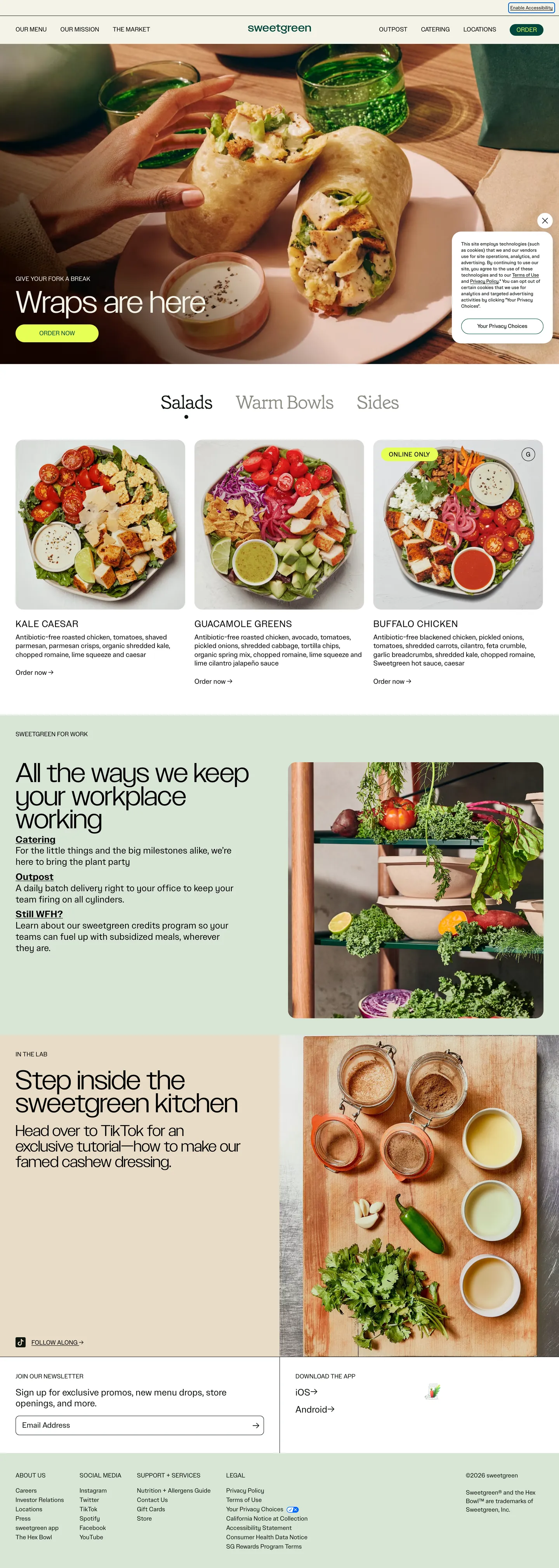Screenshot of sweetgreen's website at sweetgreen.com