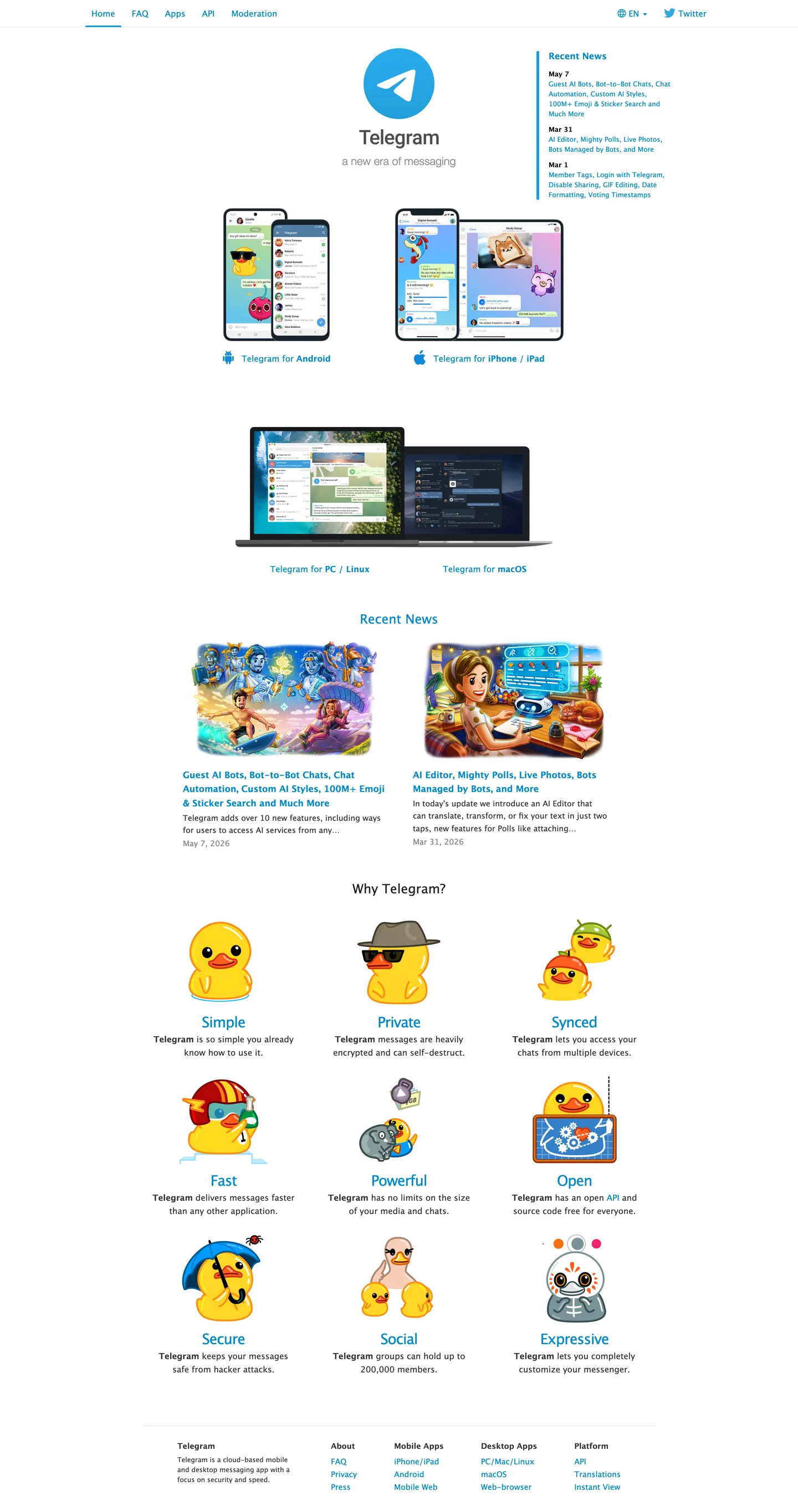 Screenshot of Telegram's website at telegram.org