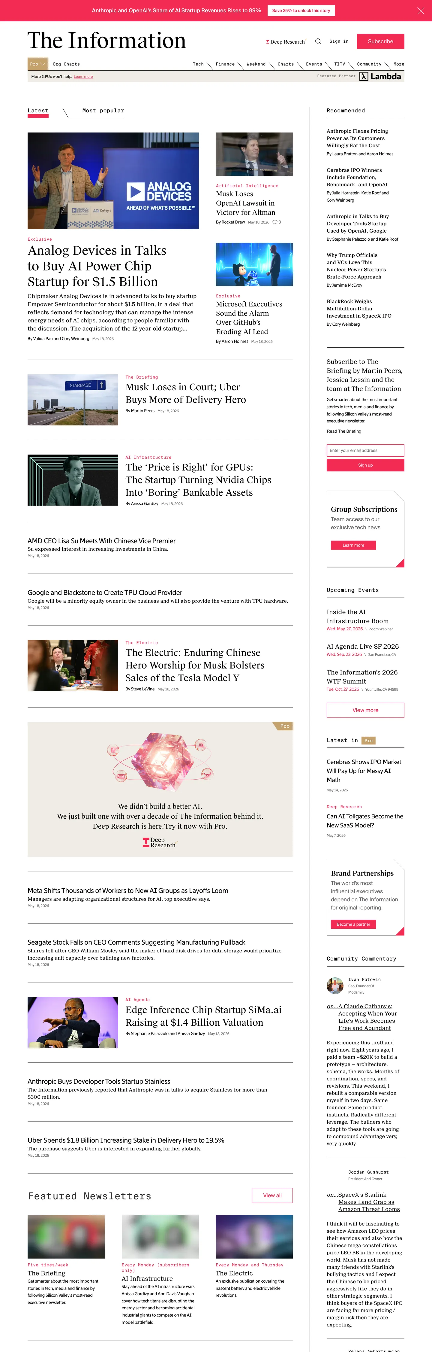 Screenshot of The Information's website at theinformation.com