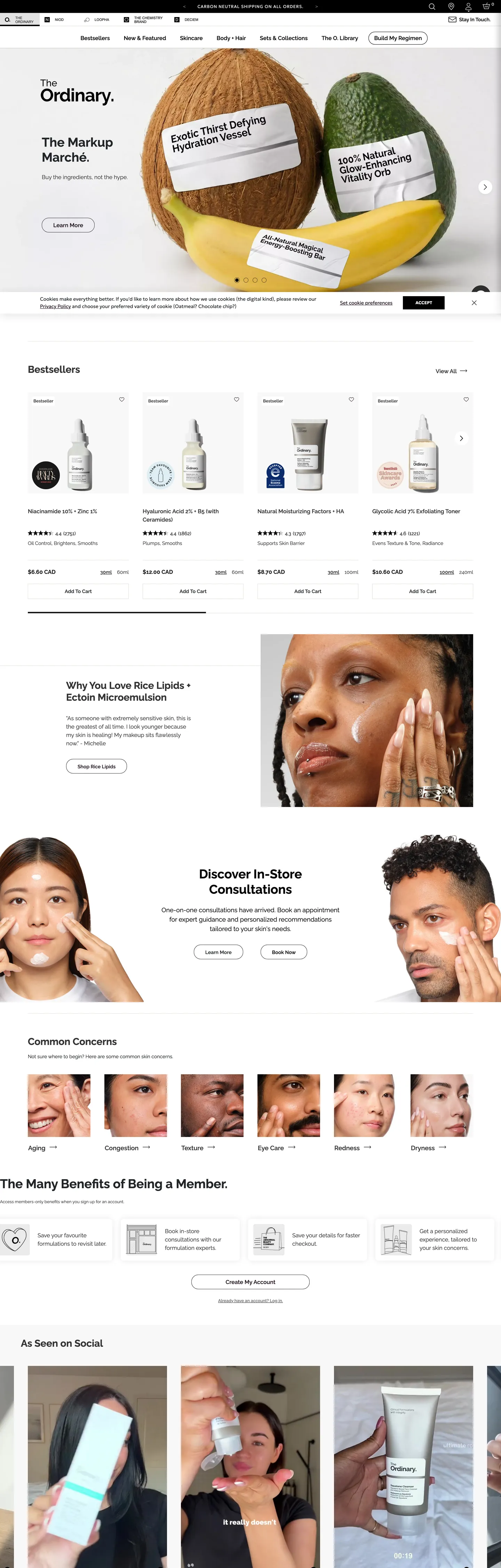 Screenshot of The Ordinary's website at theordinary.com