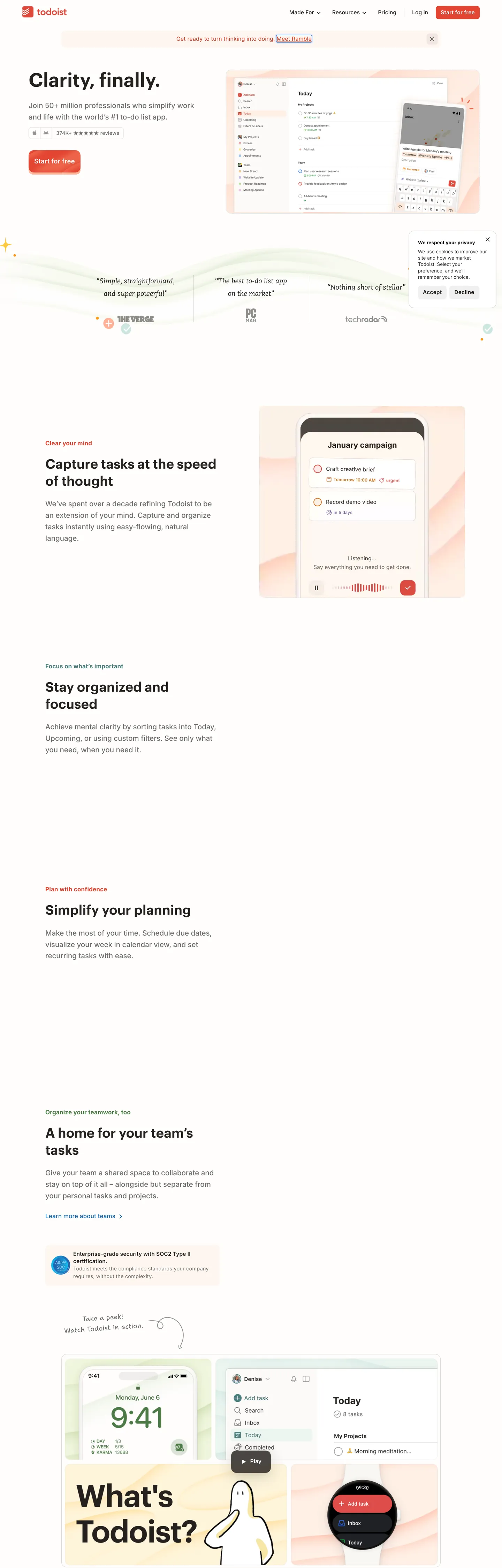 Screenshot of Todoist's website at todoist.com