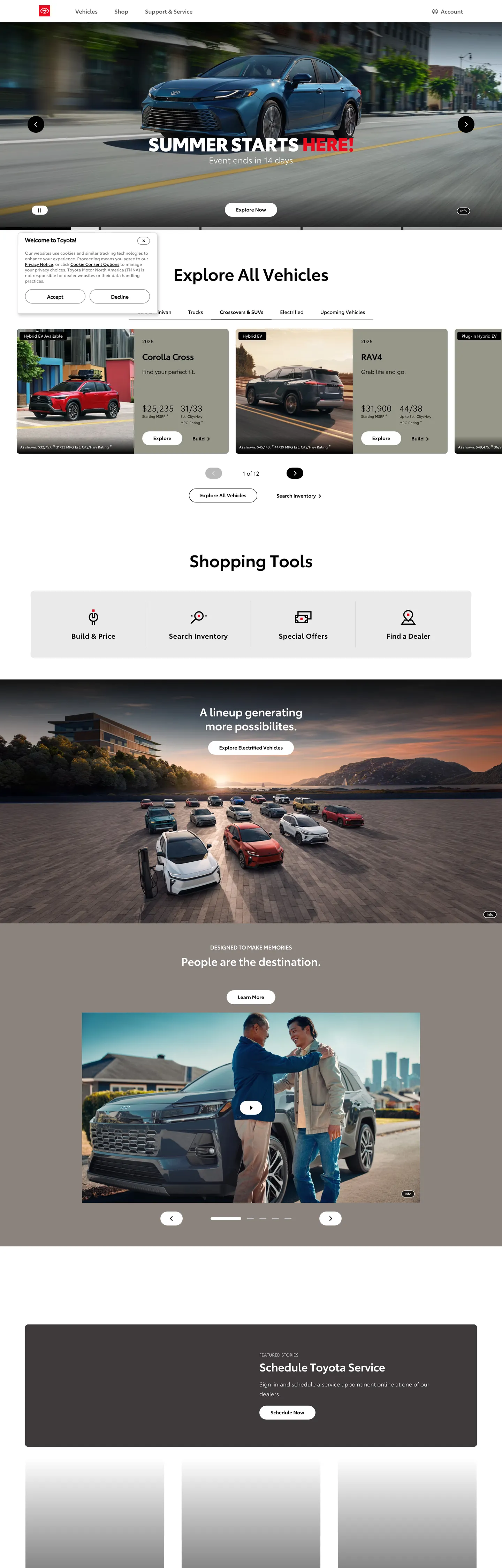 Screenshot of Toyota's website at toyota.com