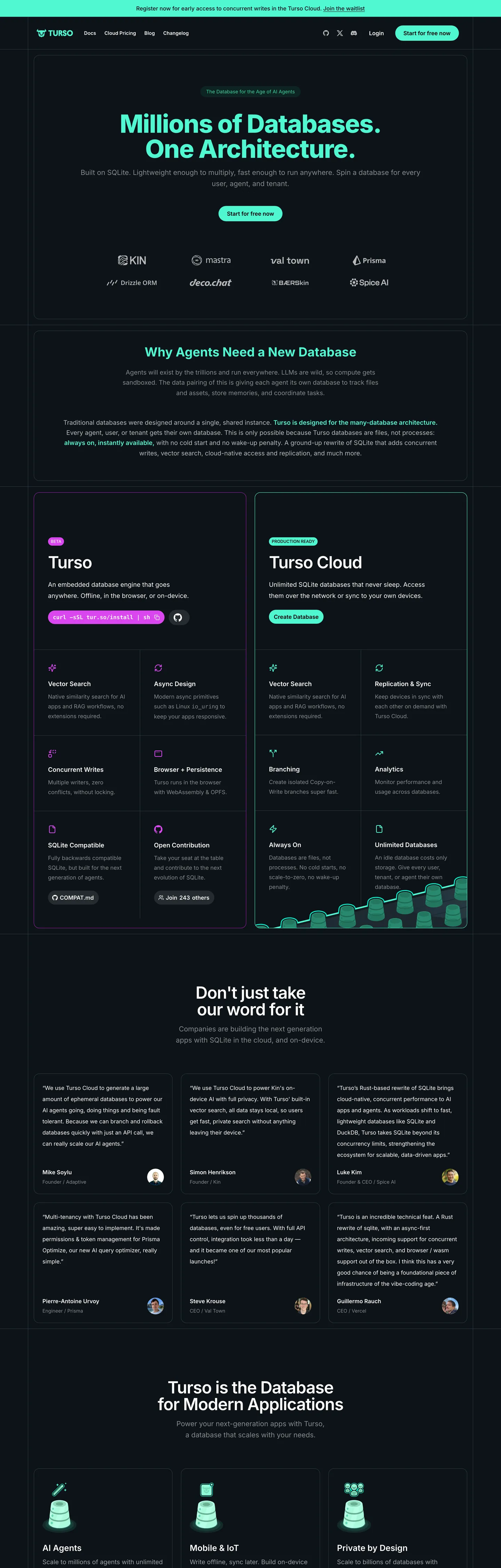Screenshot of Turso's website at turso.tech