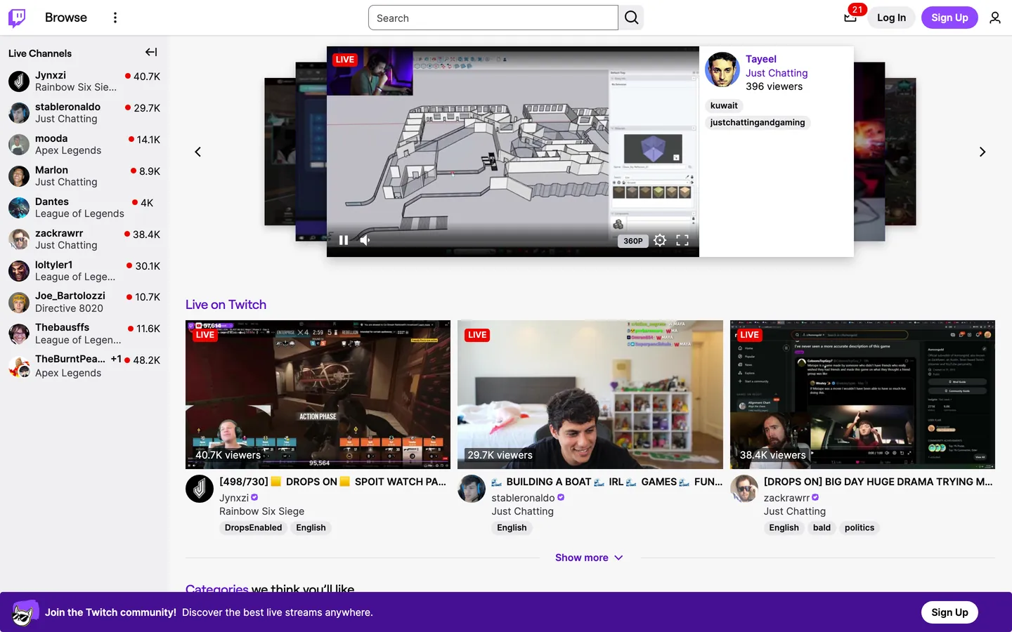 Screenshot of Twitch's website at twitch.tv