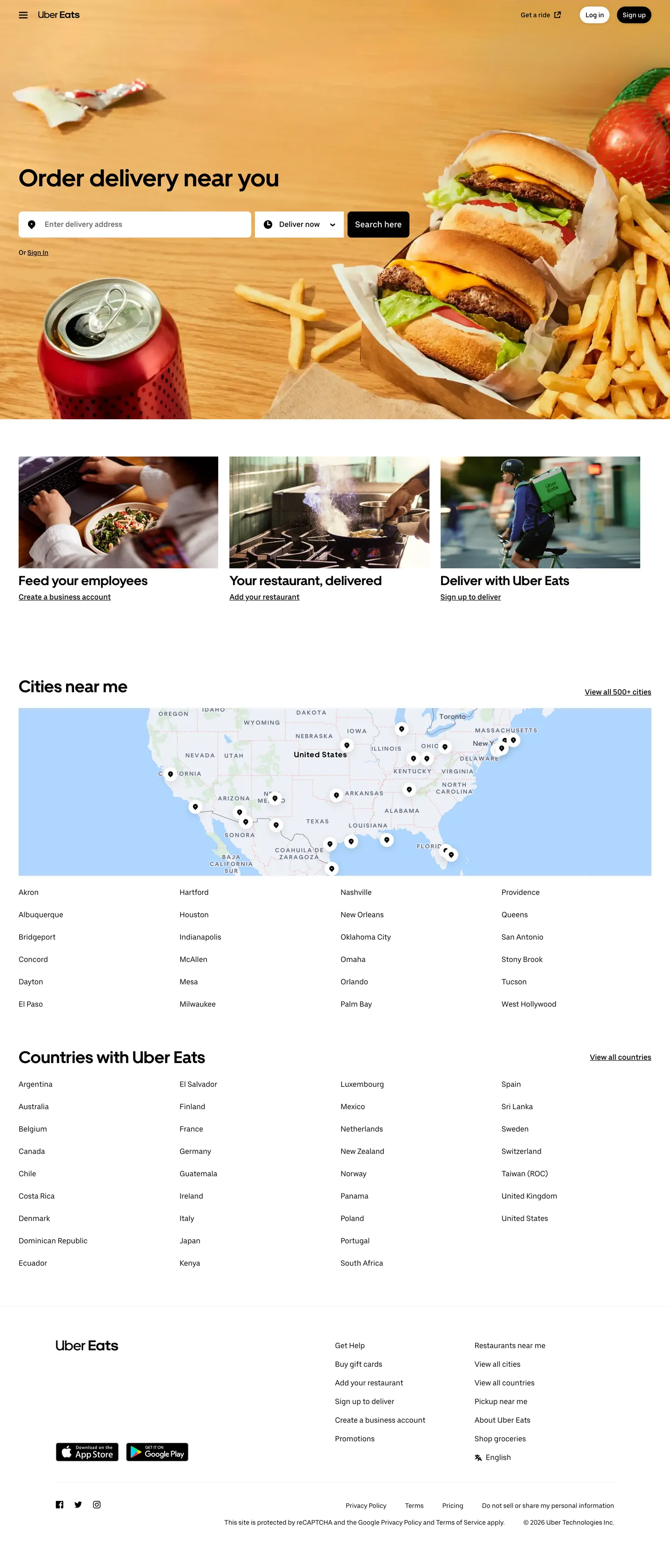 Screenshot of Uber Eats's website at ubereats.com