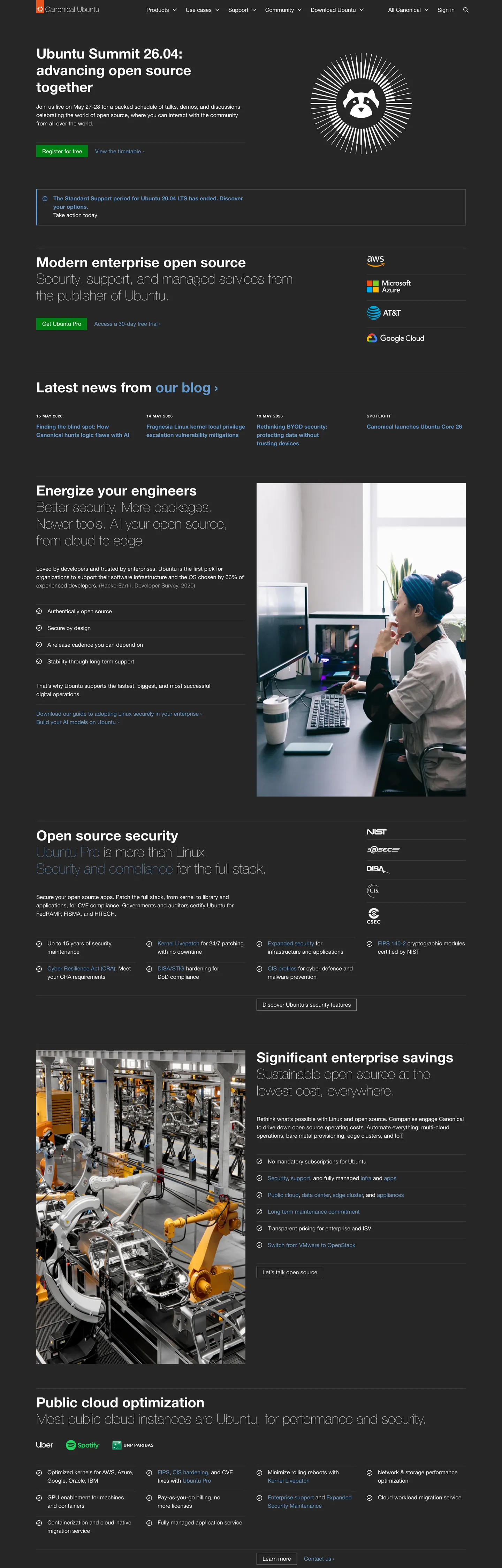 Screenshot of Ubuntu's website at ubuntu.com