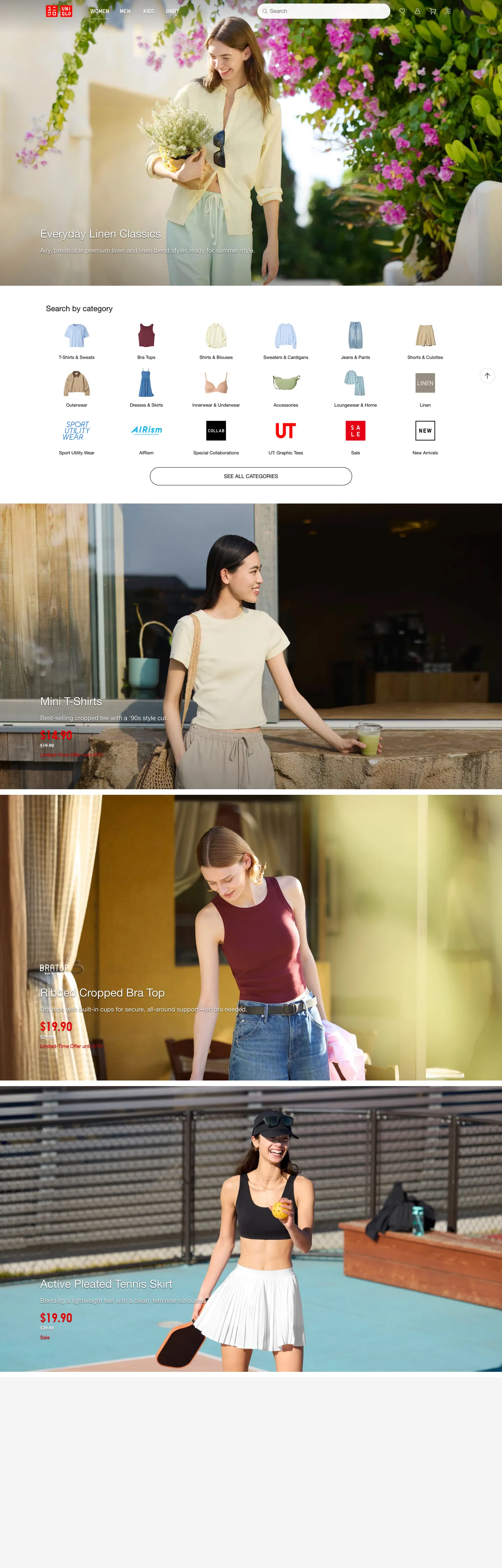 Screenshot of UNIQLO's website at uniqlo.com