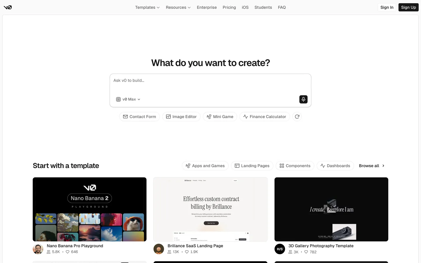 Screenshot of v0's website at v0.app