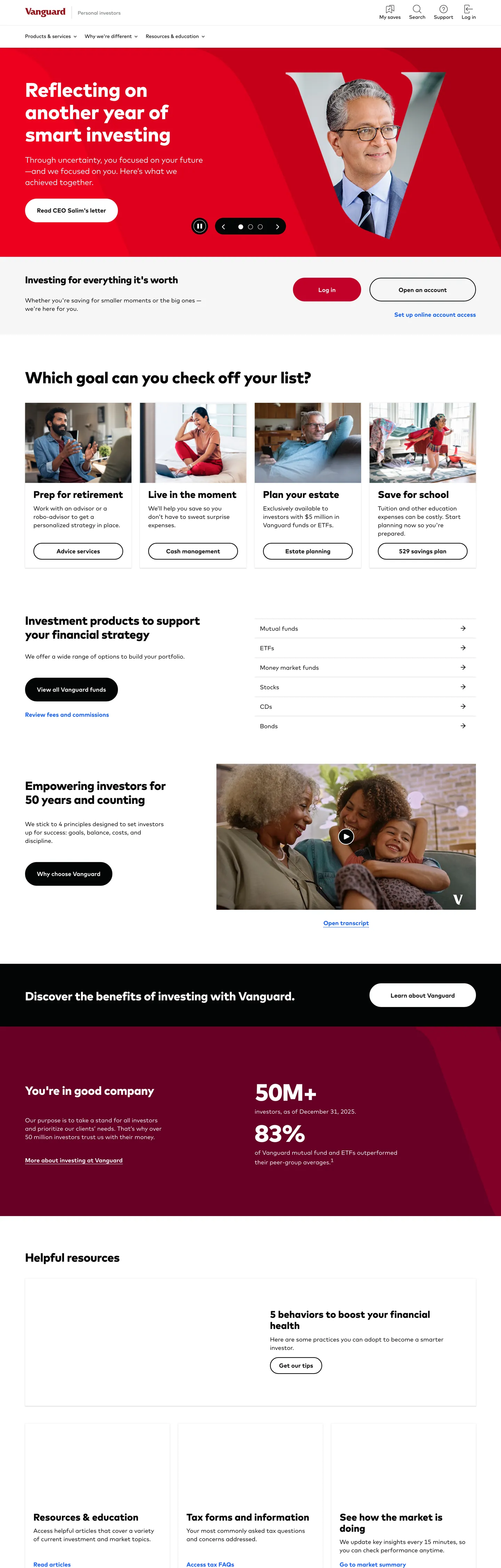 Screenshot of Vanguard's website at investor.vanguard.com