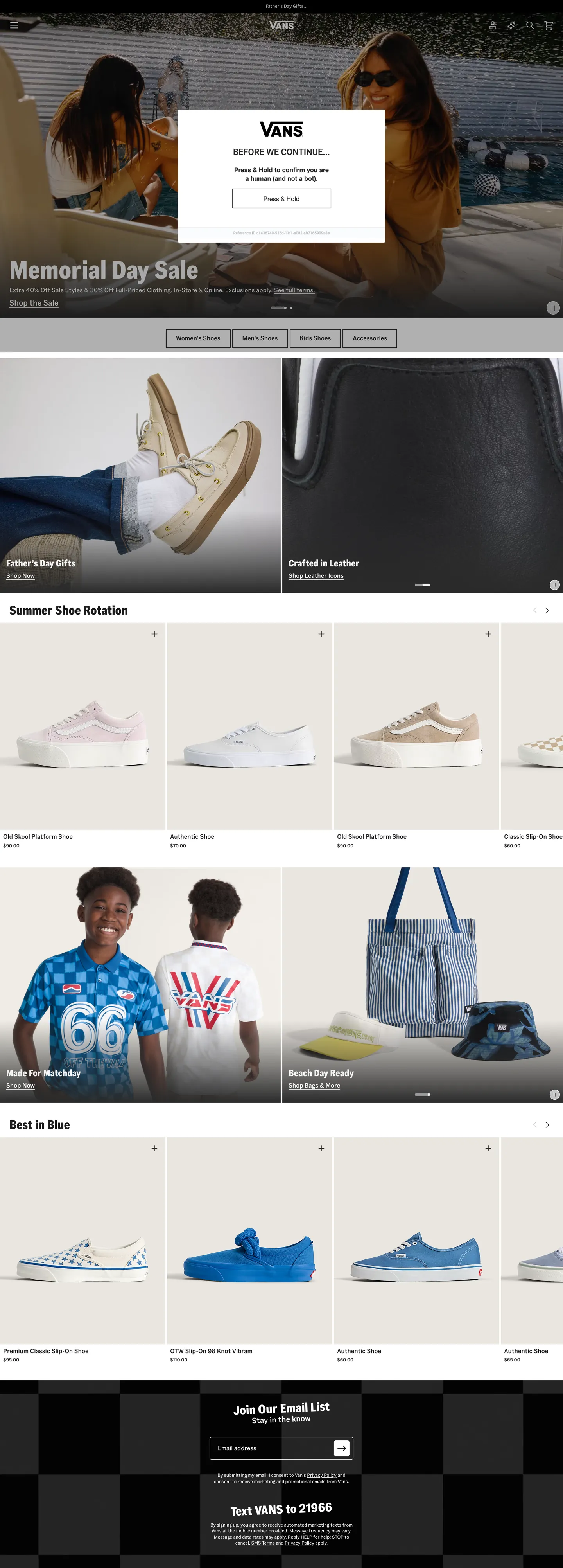 Screenshot of Vans's website at vans.com