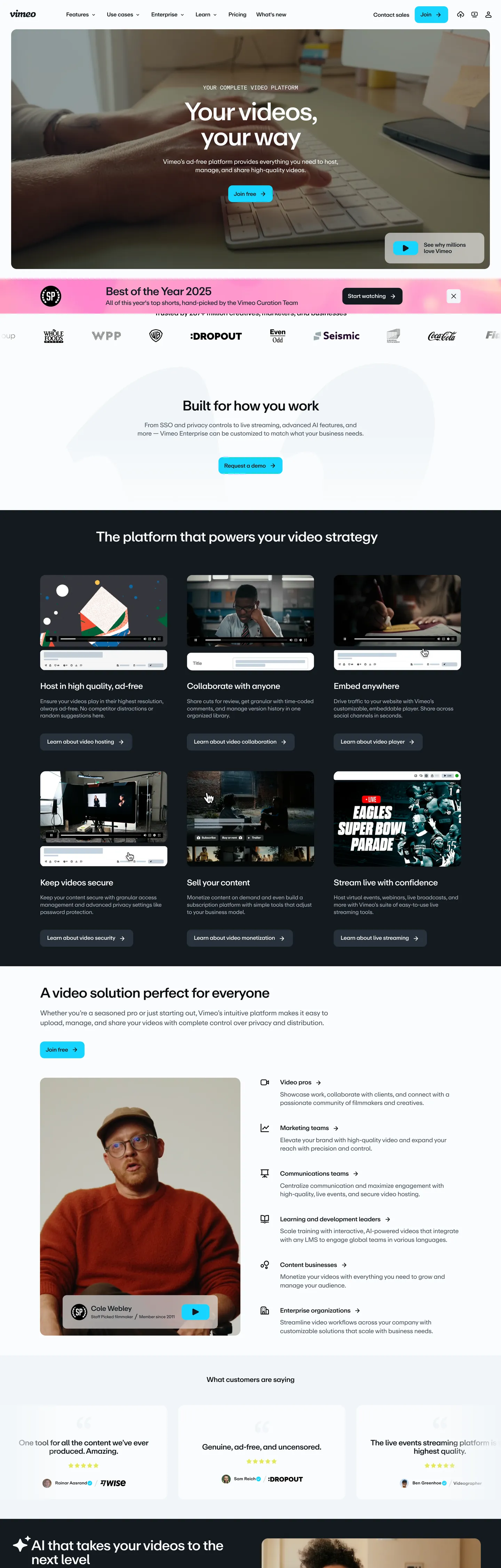 Screenshot of Vimeo's website at vimeo.com