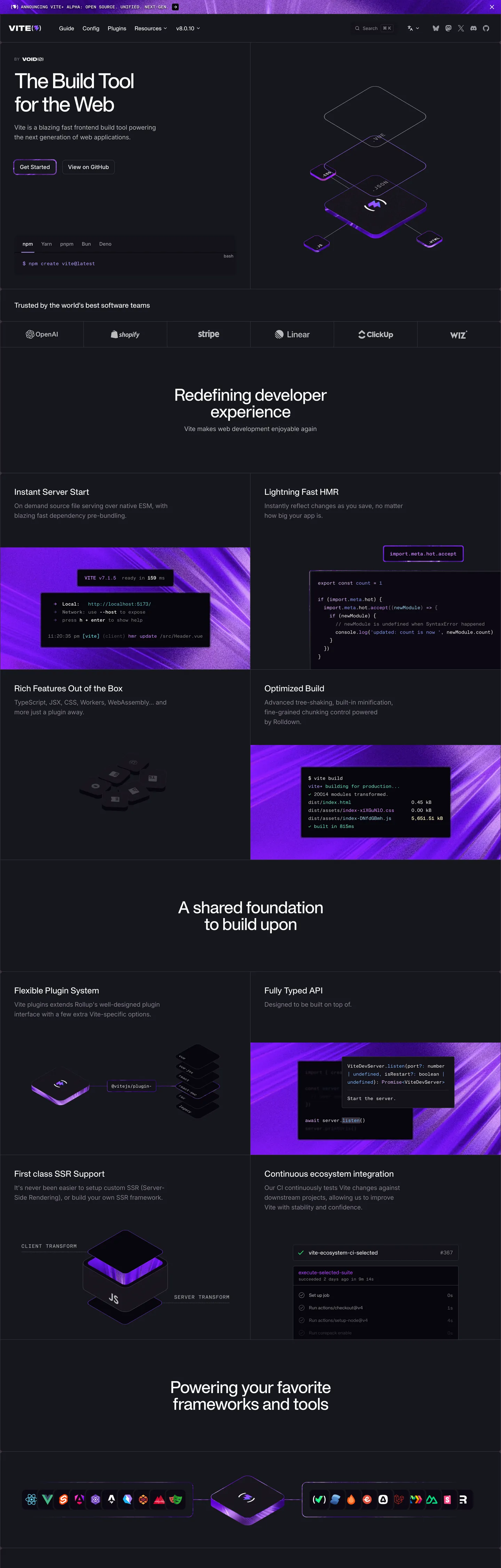 Screenshot of Vite's website at vitejs.dev