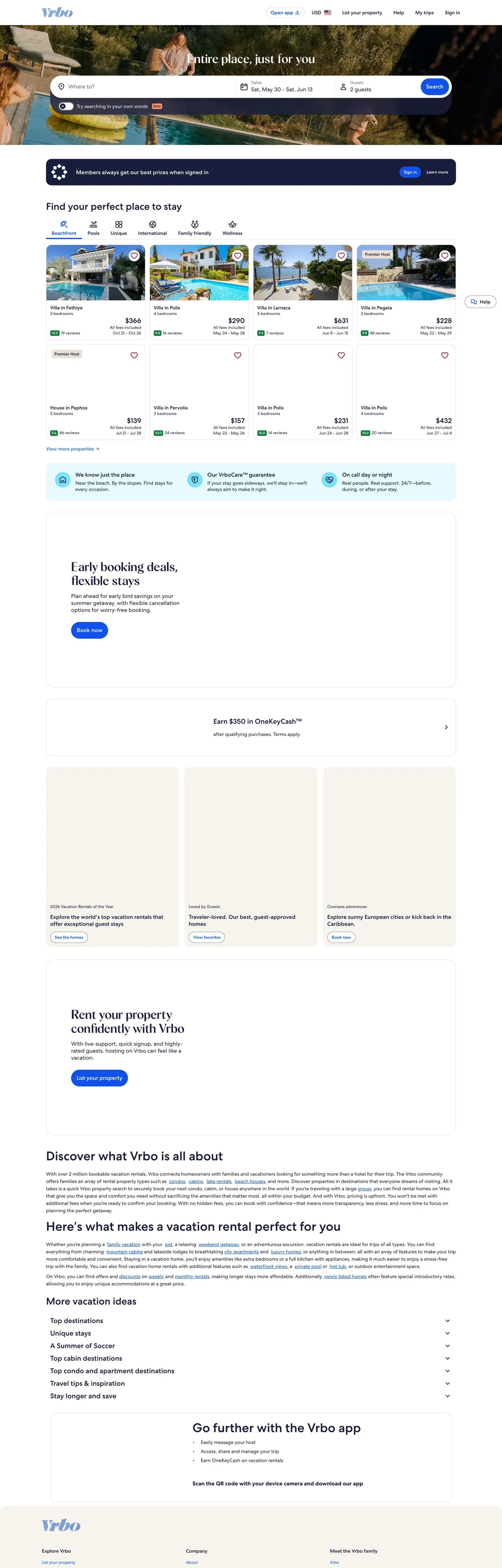 Screenshot of Vrbo's website at vrbo.com