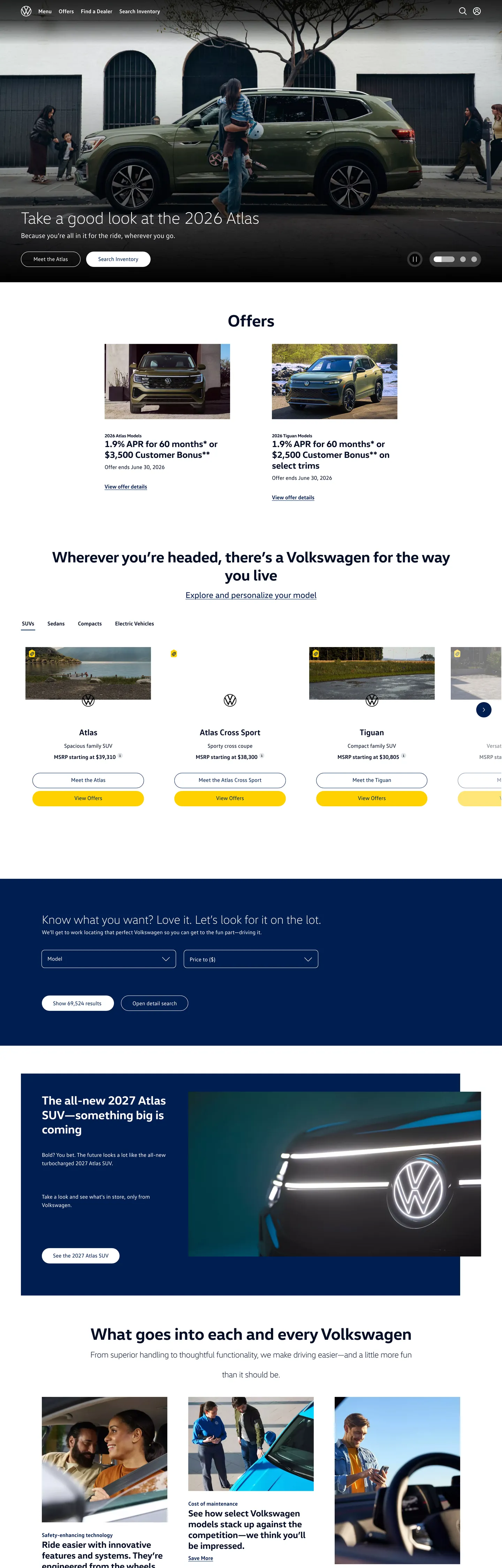 Screenshot of Volkswagen's website at vw.com