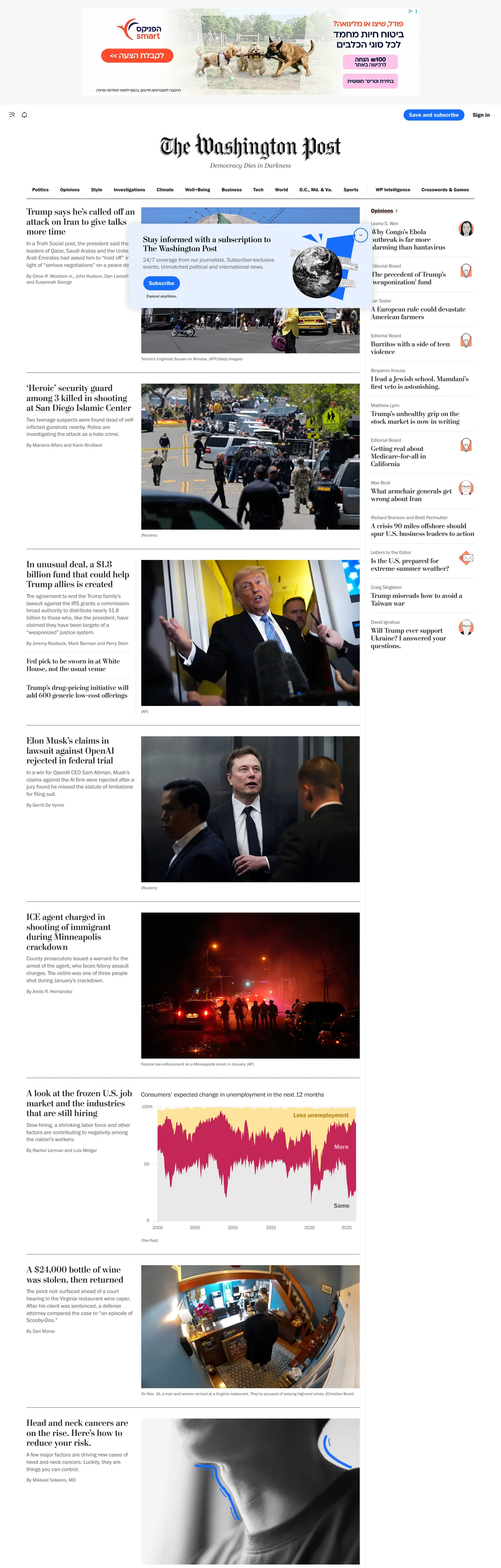 Screenshot of The Washington Post's website at washingtonpost.com