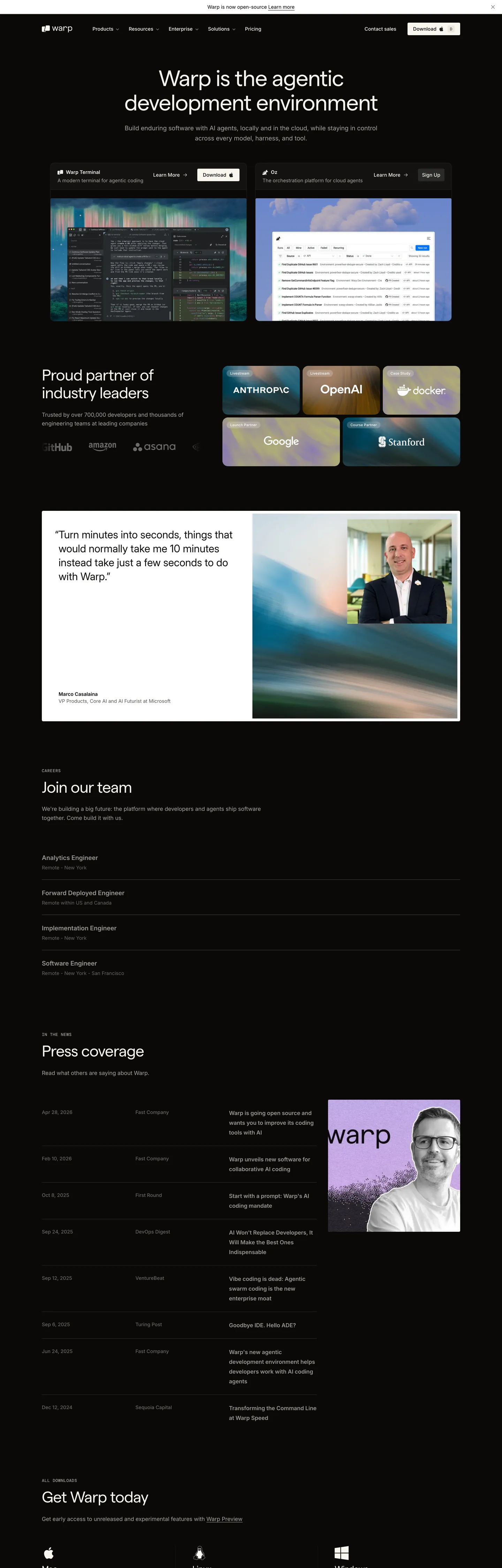 Screenshot of Warp Inspired's website at warp.dev