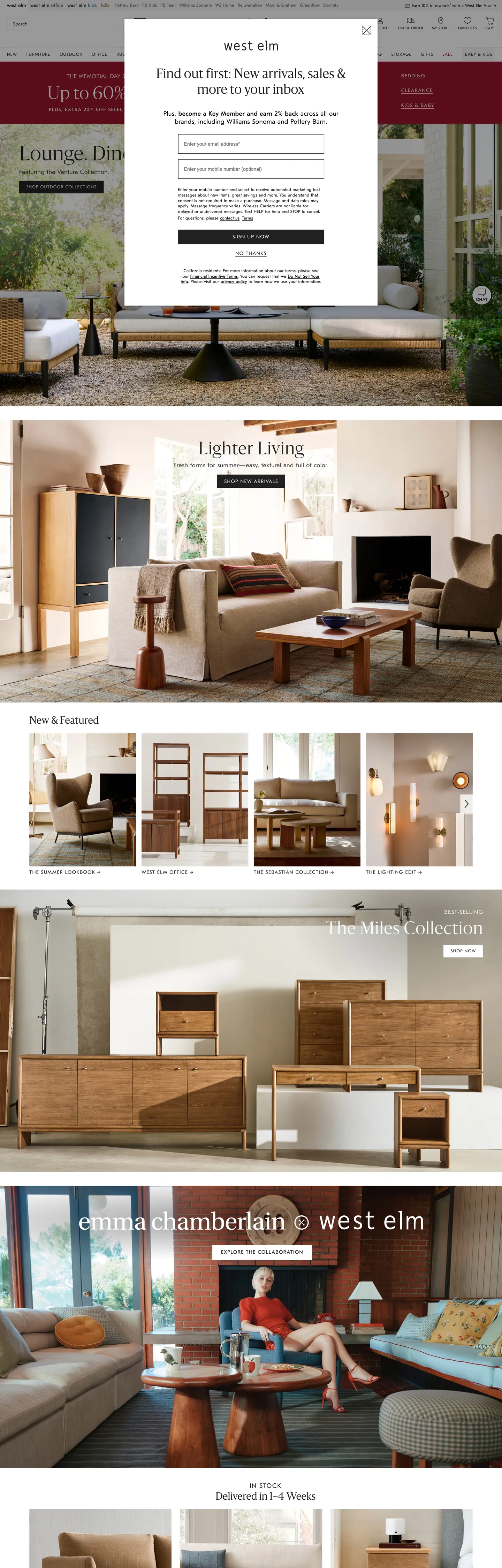Screenshot of West Elm's website at westelm.com