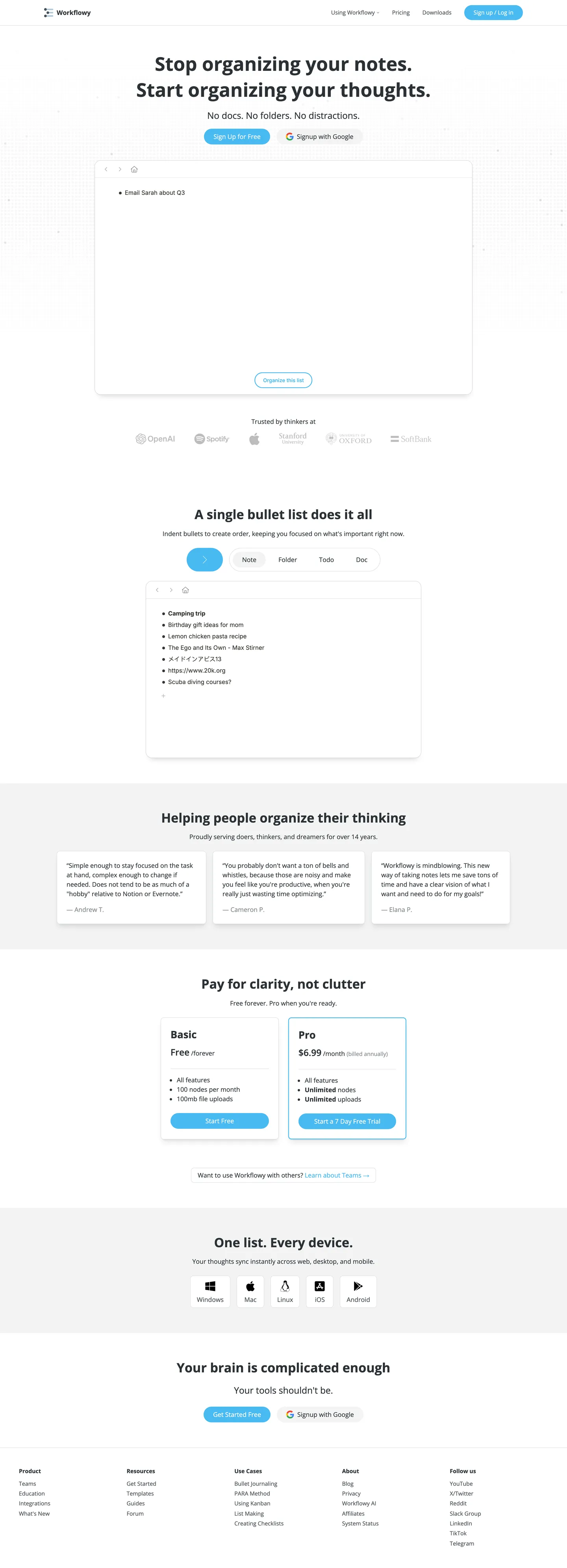 Screenshot of Workflowy's website at workflowy.com