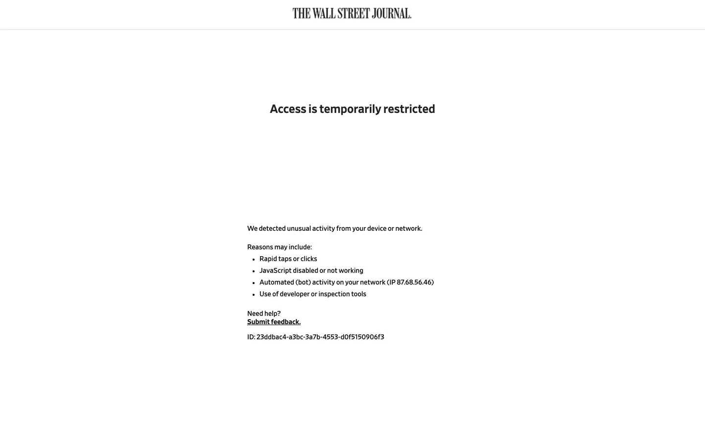 Screenshot of The Wall Street Journal's website at wsj.com