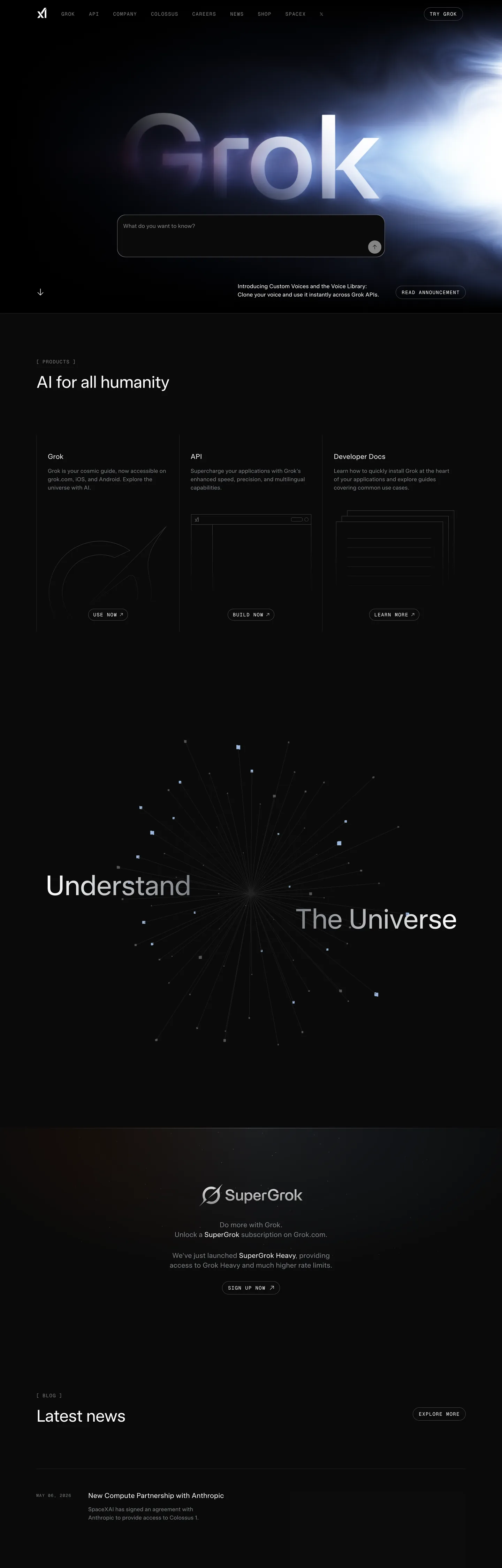 Screenshot of xAI's website at x.ai