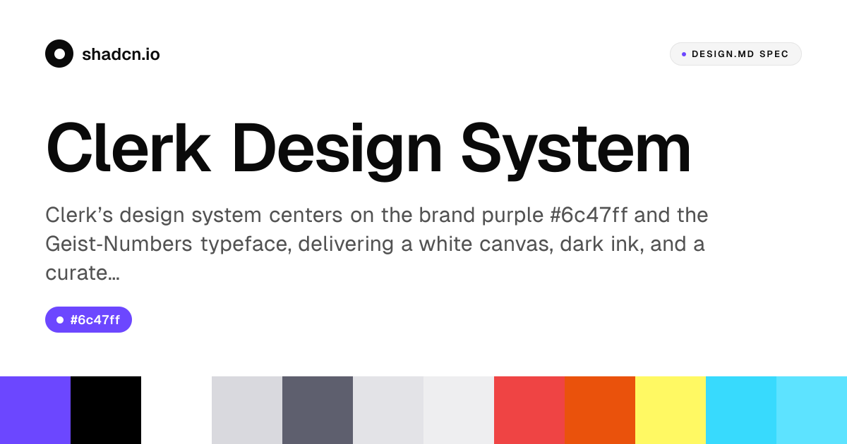 Clerk Design System for React — #6c47ff, geistNumbers, 20 components