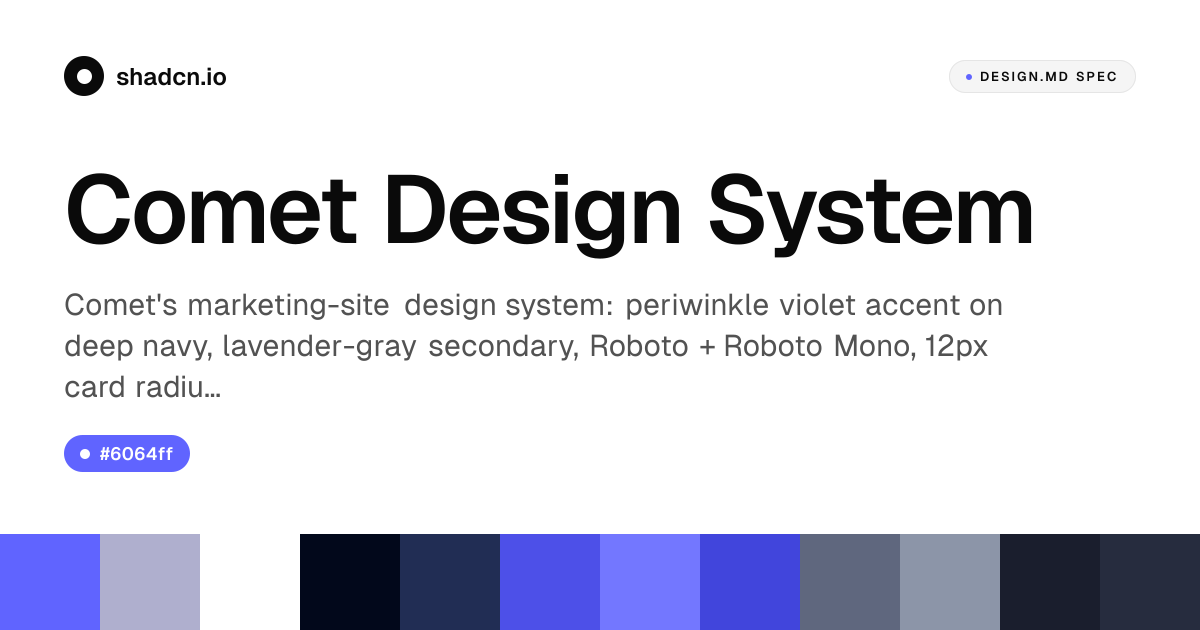 Comet Design System for React — periwinkle violet on dark navy, Roboto ...