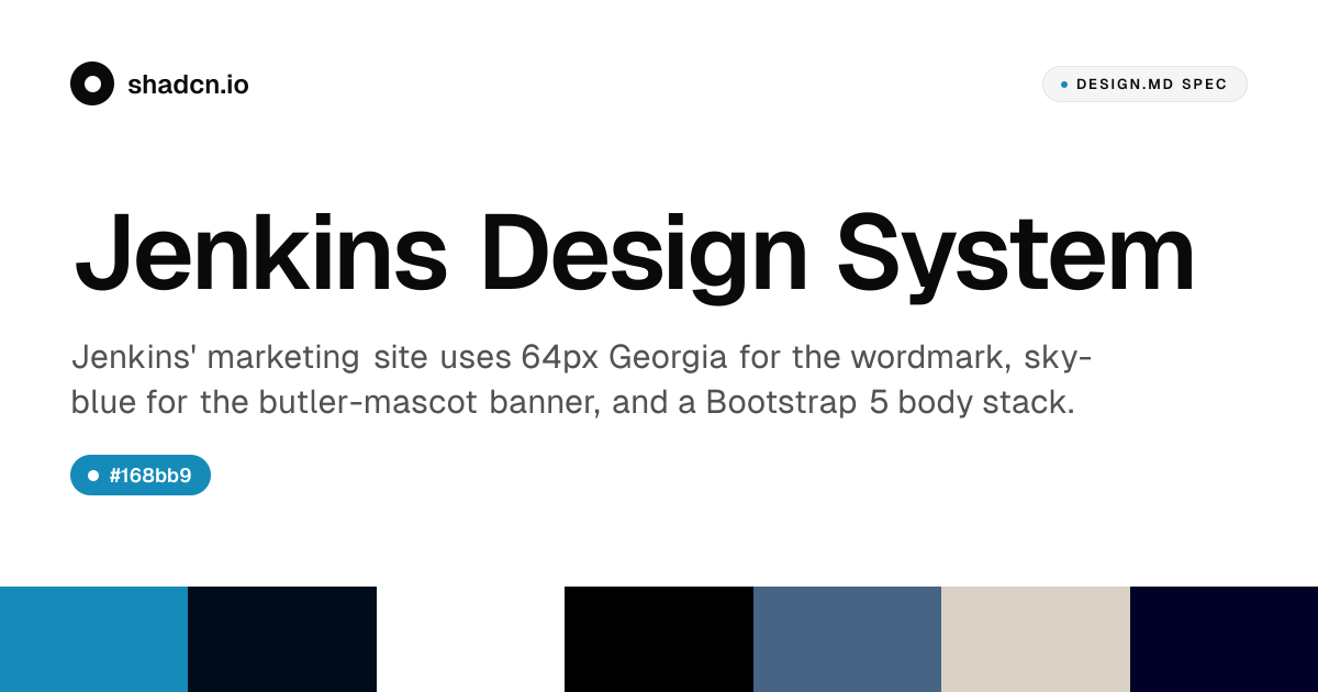 Jenkins Design System for React — sky-blue mascot, Georgia serif h1, 14 ...