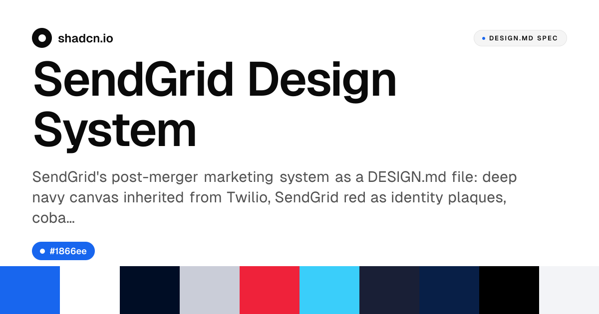 SendGrid Design System for React — navy canvas, Whitney SSm, 15 components