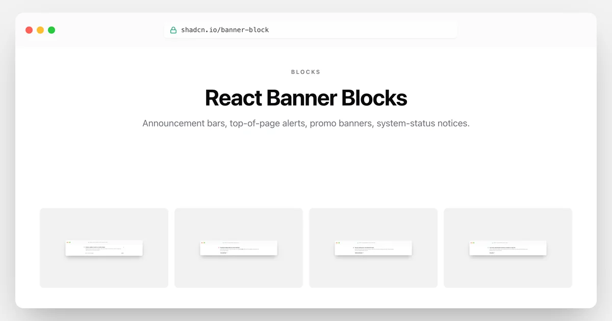 Banner Blocks Gallery — 100+ React & shadcn/ui Announcement Banners