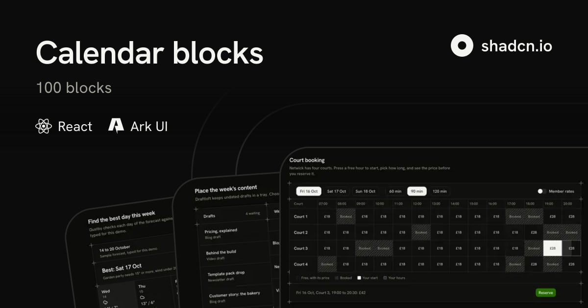 Figma Video Components Examples Ark UI Calendar Blocks: 100 shadcn Calendar Sections