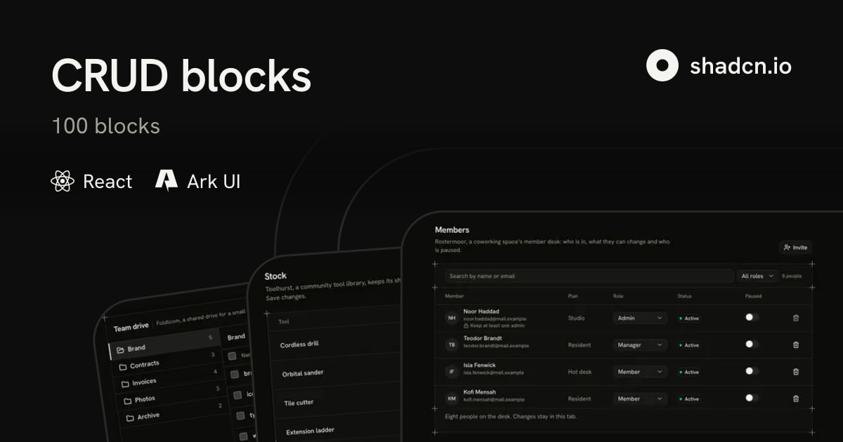 Ark UI CRUD Blocks: 100 shadcn CRUD Sections