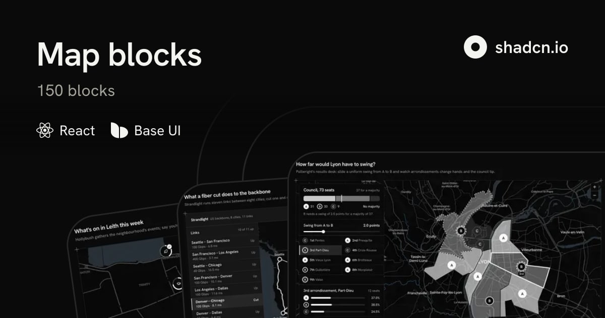 Figma Video Components Examples Map Blocks: 150 shadcn Map Sections