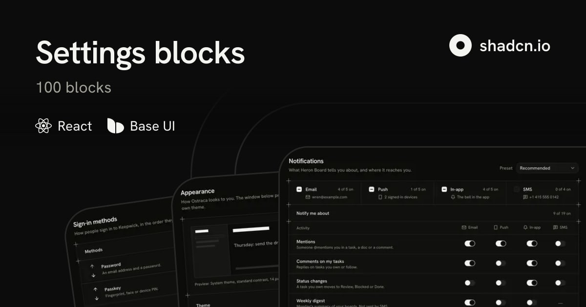 Settings Blocks: 100 shadcn Settings Sections