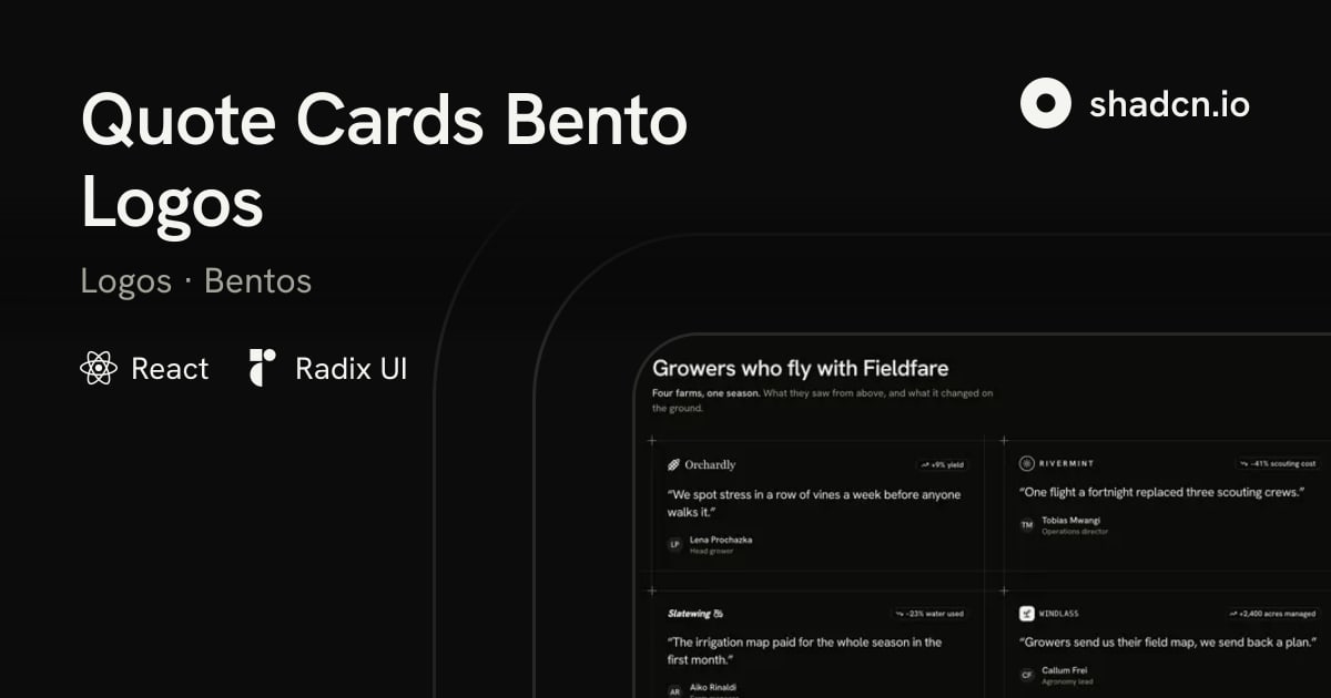 Quote Cards Bento Logos Block for Radix UI