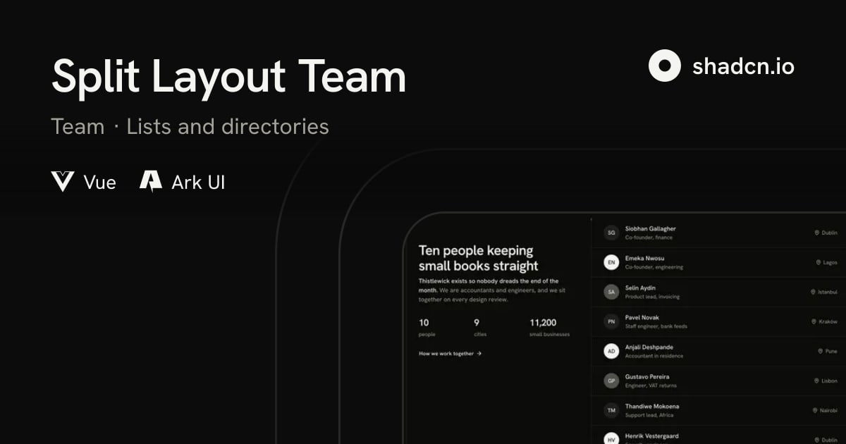 Figma Video Components Examples Split Layout Team Block for Vue