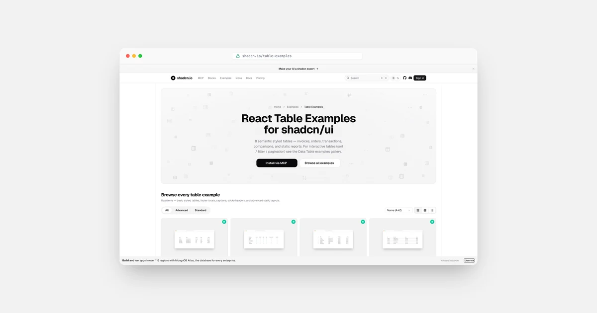 Table Examples — 8+ React & shadcn/ui Table Components