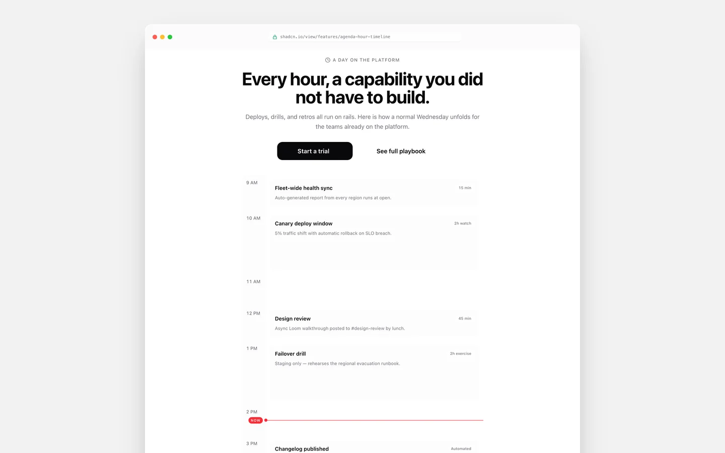 React Features Agenda Hour Timeline Block — Live Preview