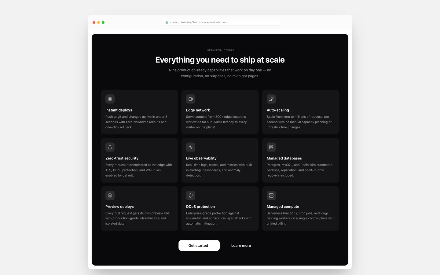 React Features Dark Inset Icon Grid Block