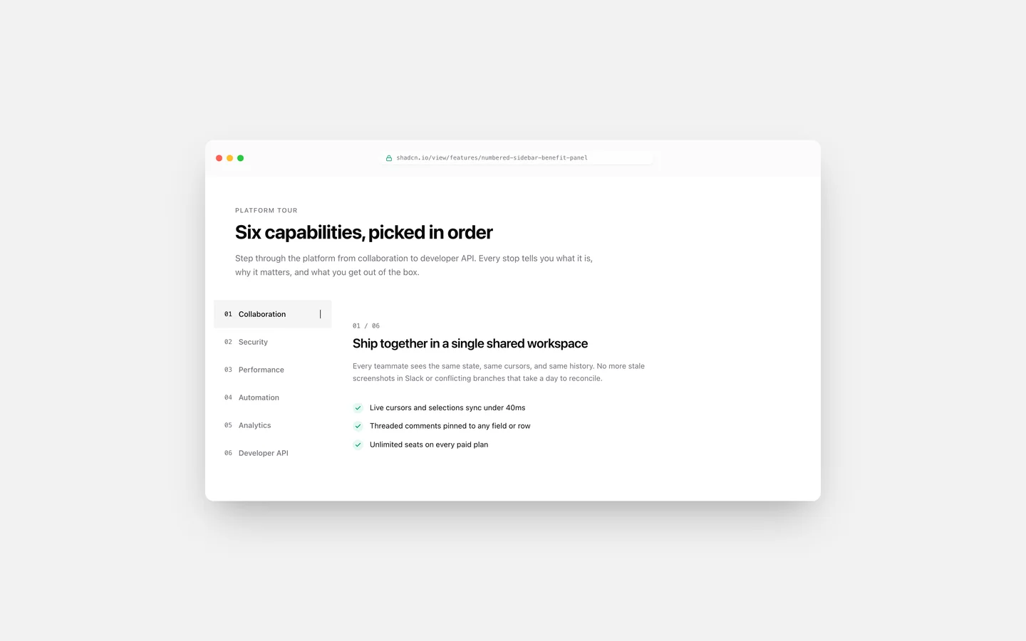 React Features Numbered Sidebar Benefit Panel Block — Live Preview