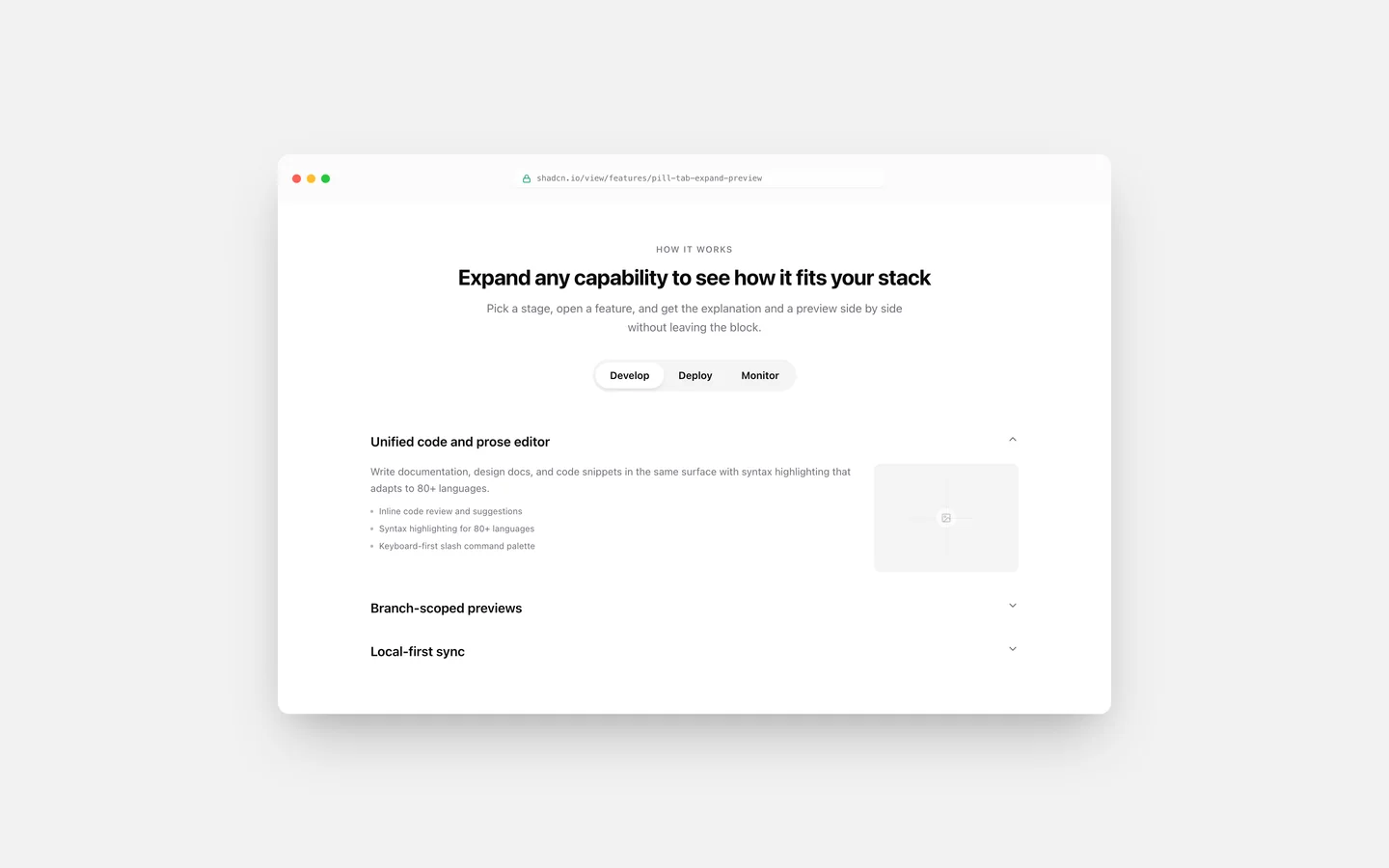 React Features Pill Tab Expand Preview Block