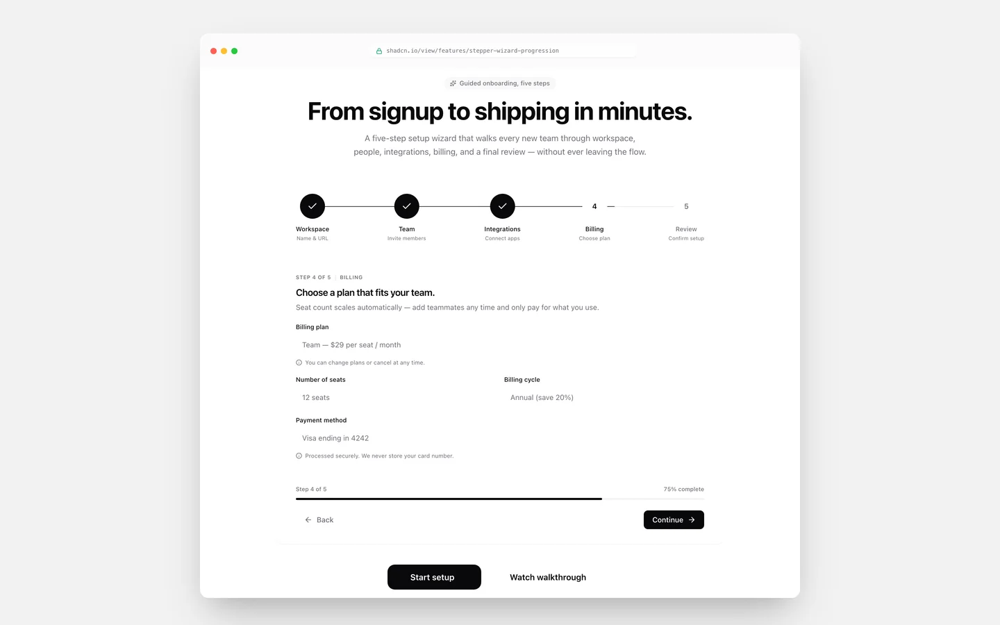 React Features Stepper Wizard Progression Block — Live Preview