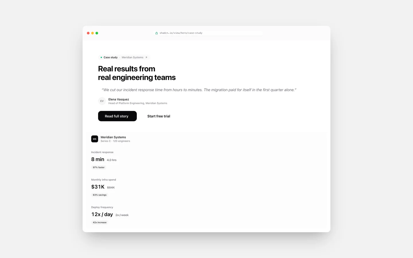 React Split Layout Quote Metrics Hero Block